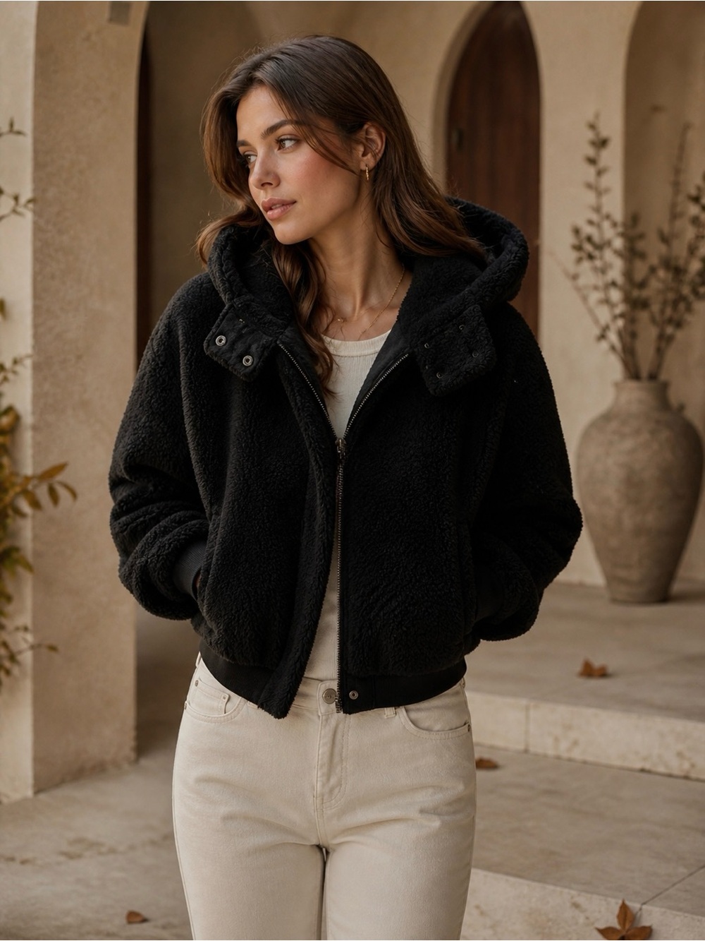 Aeropostale Black Faux Fur Sherpa Bomber Jacket Hooded Cozy Size Small